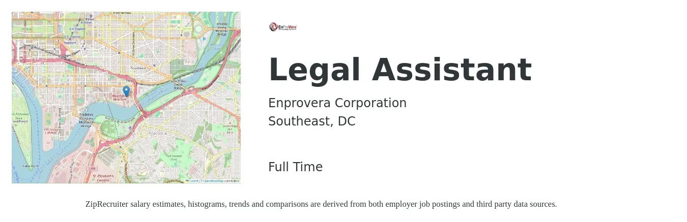 Enprovera Corporation job posting for a Legal Assistant in Southeast, DC with a salary of $43,200 to $62,600 Yearly with a map of Southeast location.