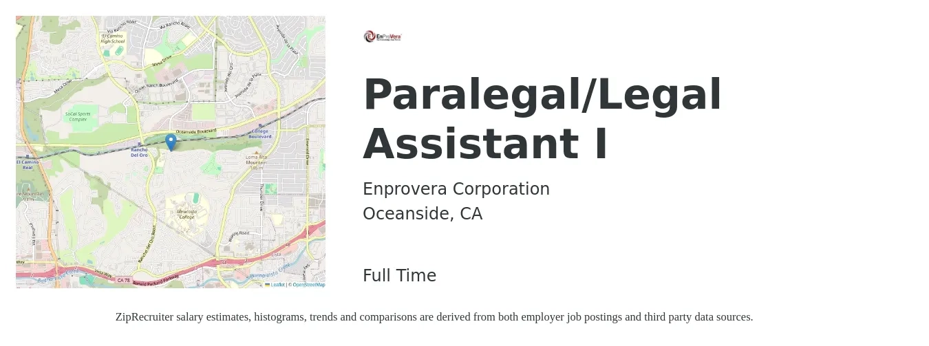 Enprovera Corporation job posting for a Paralegal/Legal Assistant I in Oceanside, CA with a salary of $50,900 to $72,600 Yearly with a map of Oceanside location.
