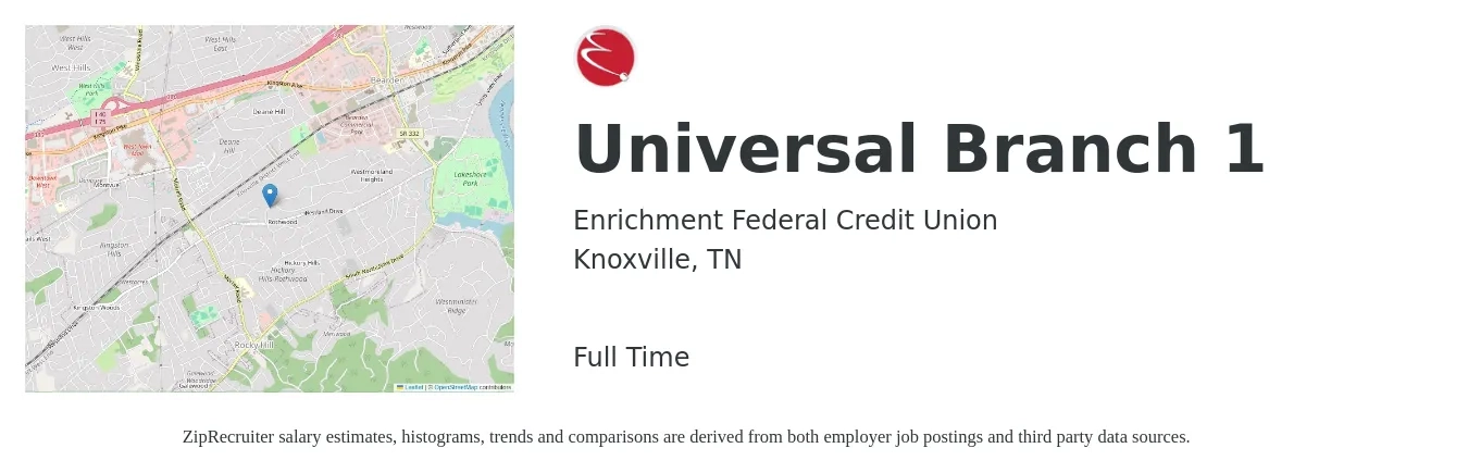 Enrichment Federal Credit Union job posting for a Universal Branch 1 in Knoxville, TN with a salary of $19 to $24 Hourly with a map of Knoxville location.