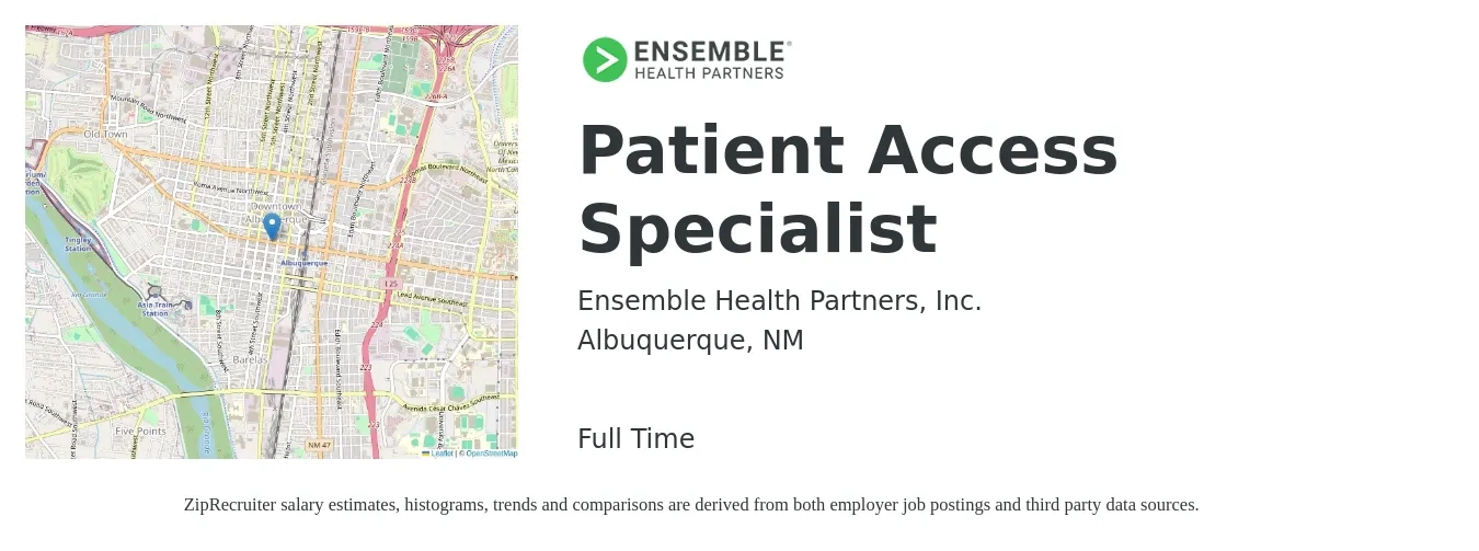 Ensemble Health Partners, Inc. job posting for a Patient Access Specialist in Albuquerque, NM with a salary of $17 to $22 Hourly with a map of Albuquerque location.
