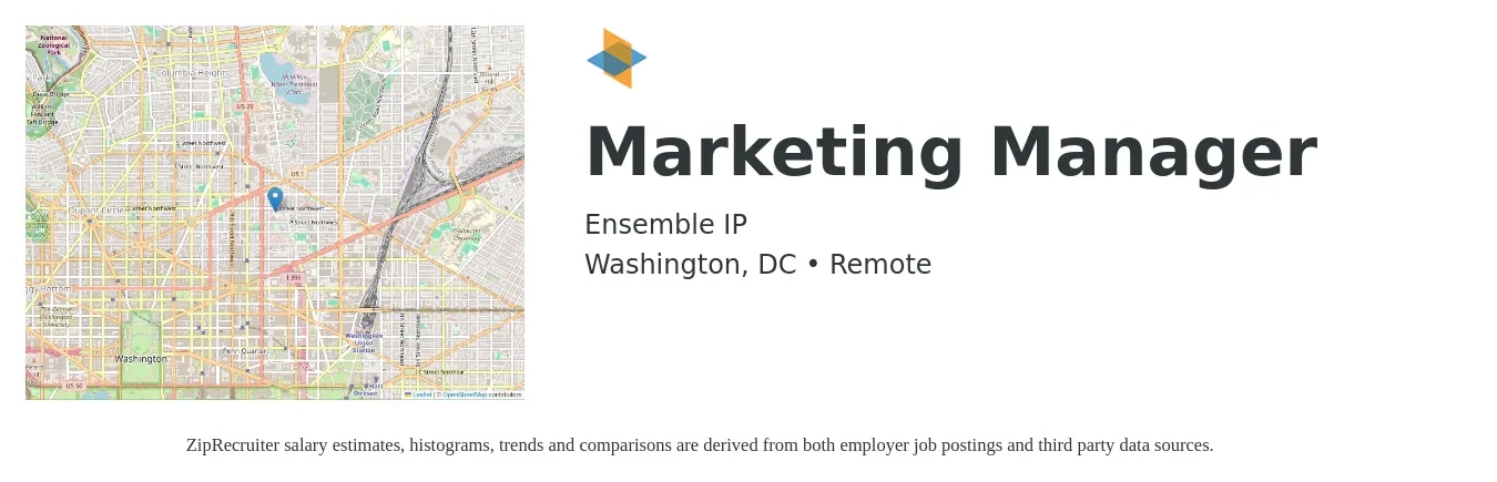 Ensemble IP job posting for a Marketing Manager in Washington, DC with a salary of $68,000 to $111,000 Yearly with a map of Washington location.