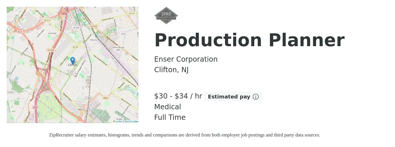 Enser Corporation job posting for a Production Planner in Clifton, NJ with a salary of $32 to $36 Hourly and benefits including medical, and retirement with a map of Clifton location.