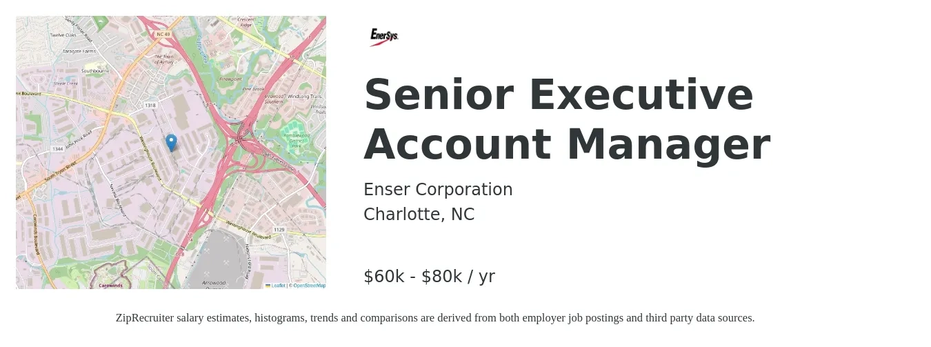Enser Corporation job posting for a Senior Executive Account Manager in Charlotte, NC with a salary of $60,000 to $80,000 Yearly with a map of Charlotte location.