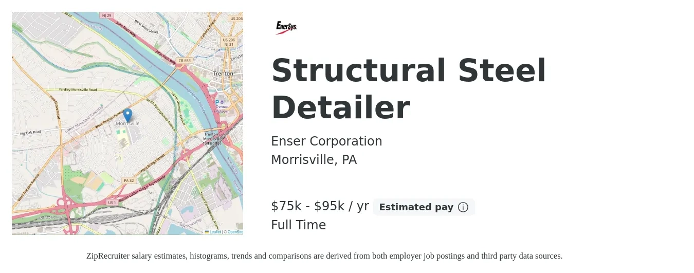 Enser Corporation job posting for a Structural Steel Detailer in Morrisville, PA with a salary of $75,000 to $95,000 Yearly with a map of Morrisville location.