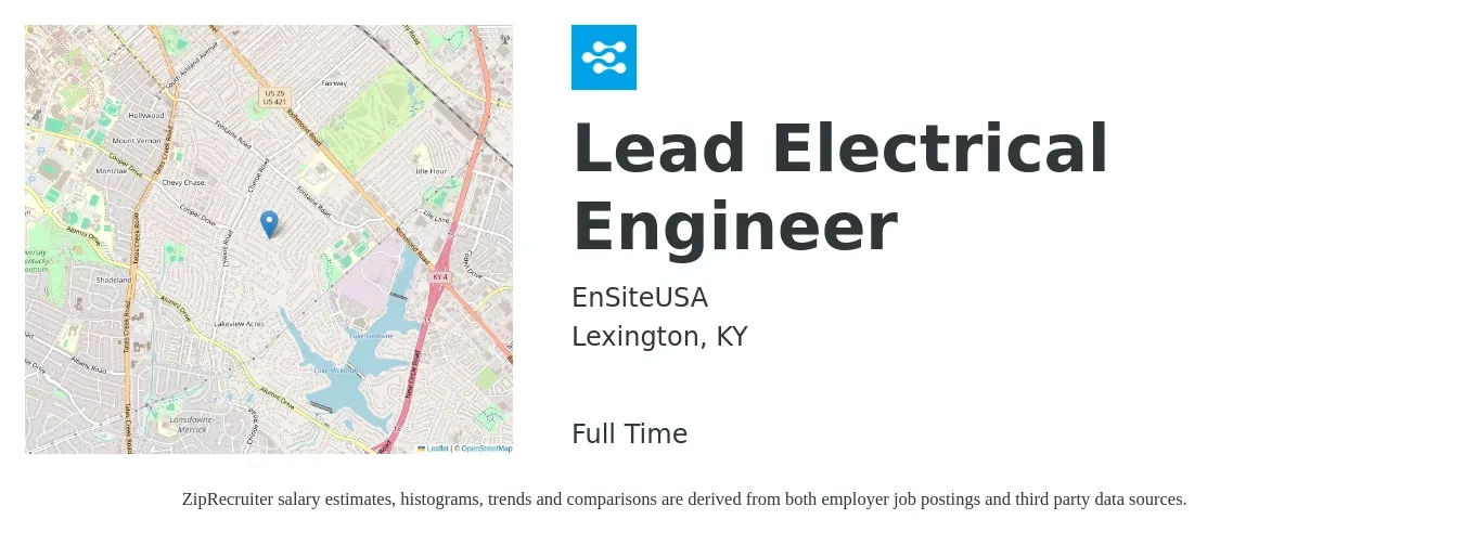 EnSiteUSA job posting for a Lead Electrical Engineer in Lexington, KY with a salary of $146,700 to $153,100 Yearly with a map of Lexington location.