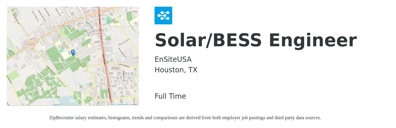 EnSiteUSA job posting for a Solar/BESS Engineer in Houston, TX with a salary of $78,300 to $108,700 Yearly with a map of Houston location.
