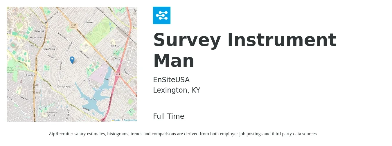 EnSiteUSA job posting for a Survey Instrument Man in Lexington, KY with a salary of $16 to $20 Hourly with a map of Lexington location.