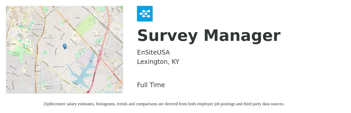 EnSiteUSA job posting for a Survey Manager in Lexington, KY with a salary of $77,000 to $110,000 Yearly with a map of Lexington location.