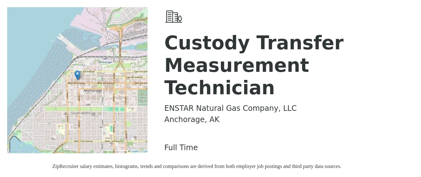 ENSTAR Natural Gas Company, LLC job posting for a Custody Transfer Measurement Technician in Anchorage, AK with a salary of $47 Hourly with a map of Anchorage location.