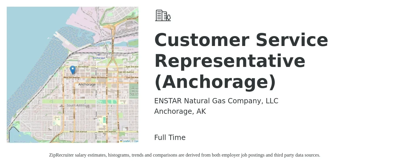 ENSTAR Natural Gas Company, LLC job posting for a Customer Service Representative (Anchorage) in Anchorage, AK with a salary of $24 Hourly with a map of Anchorage location.