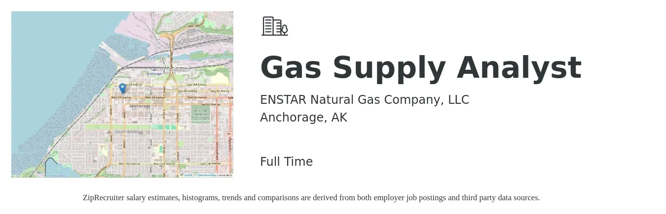 ENSTAR Natural Gas Company, LLC job posting for a Gas Supply Analyst in Anchorage, AK with a salary of $61,300 to $83,700 Yearly with a map of Anchorage location.