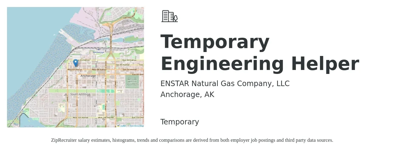 ENSTAR Natural Gas Company, LLC job posting for a Temporary Engineering Helper in Anchorage, AK with a salary of $22 to $40 Hourly with a map of Anchorage location.