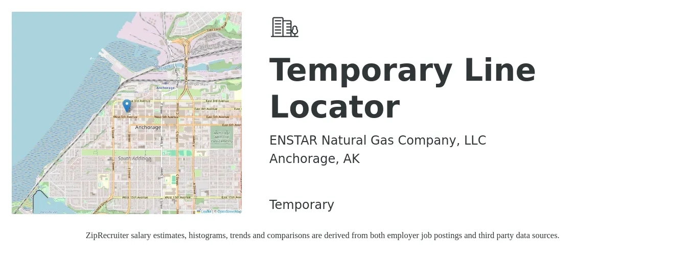 ENSTAR Natural Gas Company, LLC job posting for a Temporary Line Locator in Anchorage, AK with a salary of $16 to $20 Hourly with a map of Anchorage location.