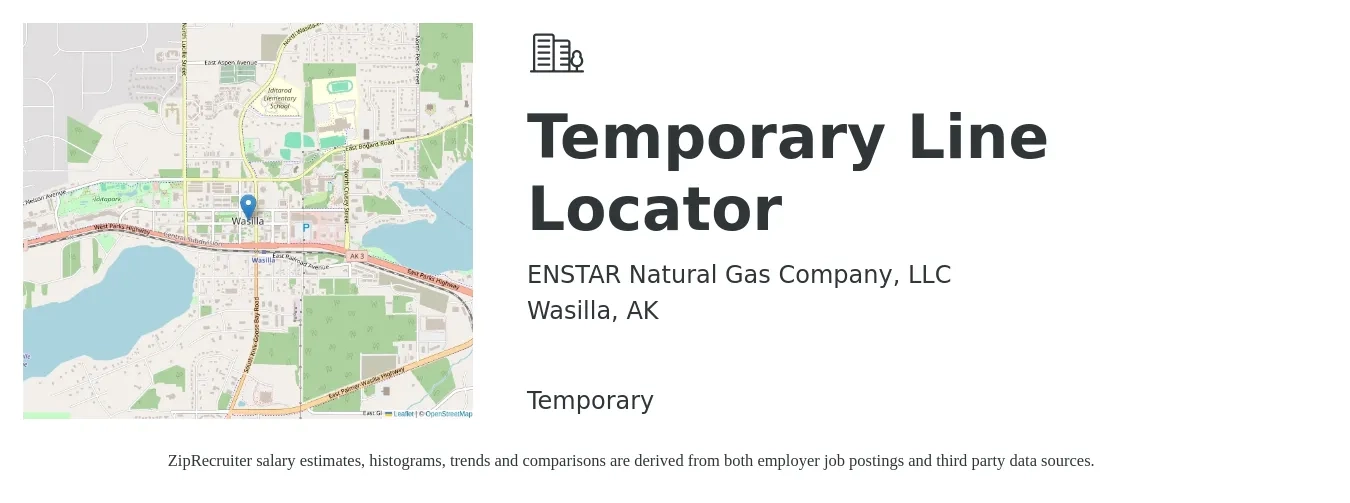 ENSTAR Natural Gas Company, LLC job posting for a Temporary Line Locator in Wasilla, AK with a salary of $16 to $19 Hourly with a map of Wasilla location.
