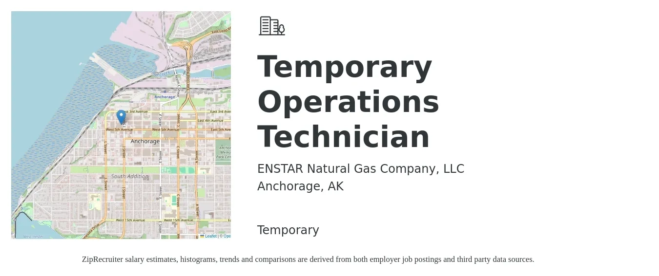 ENSTAR Natural Gas Company, LLC job posting for a Temporary Operations Technician in Anchorage, AK with a salary of $20 to $29 Hourly with a map of Anchorage location.