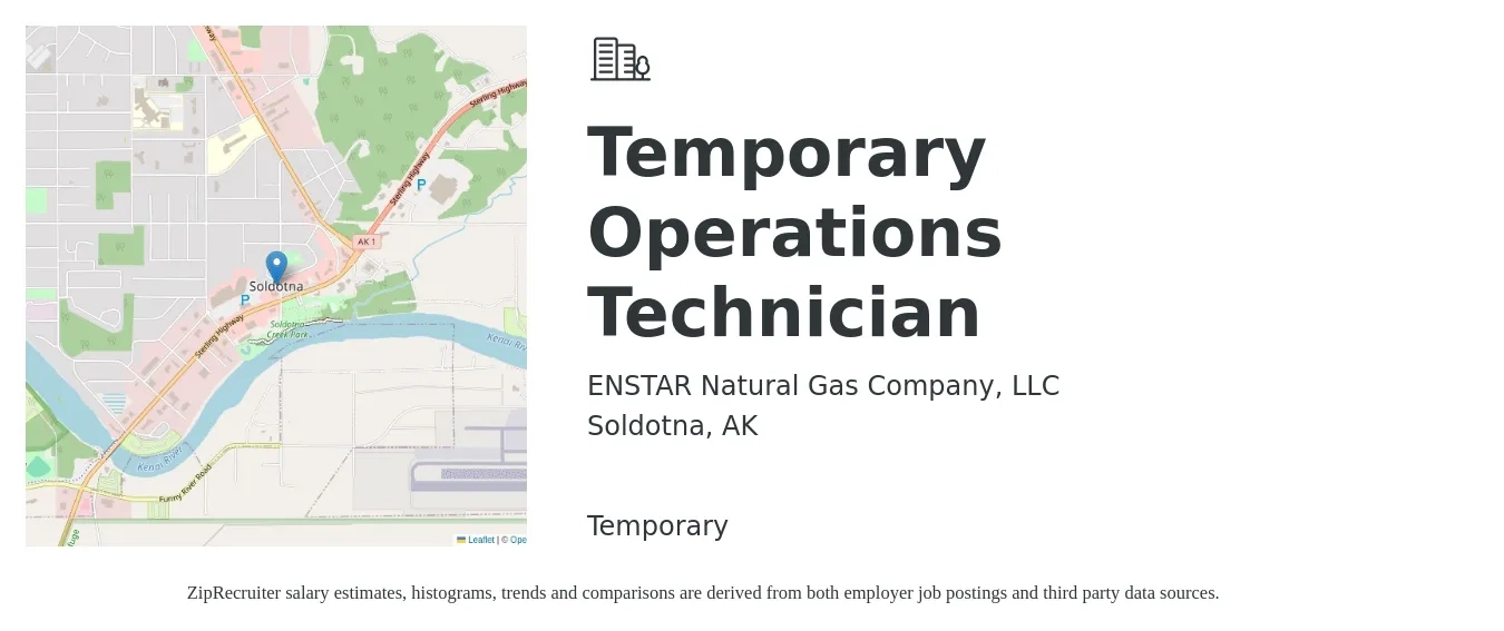 ENSTAR Natural Gas Company, LLC job posting for a Temporary Operations Technician in Soldotna, AK with a salary of $22 to $31 Hourly with a map of Soldotna location.
