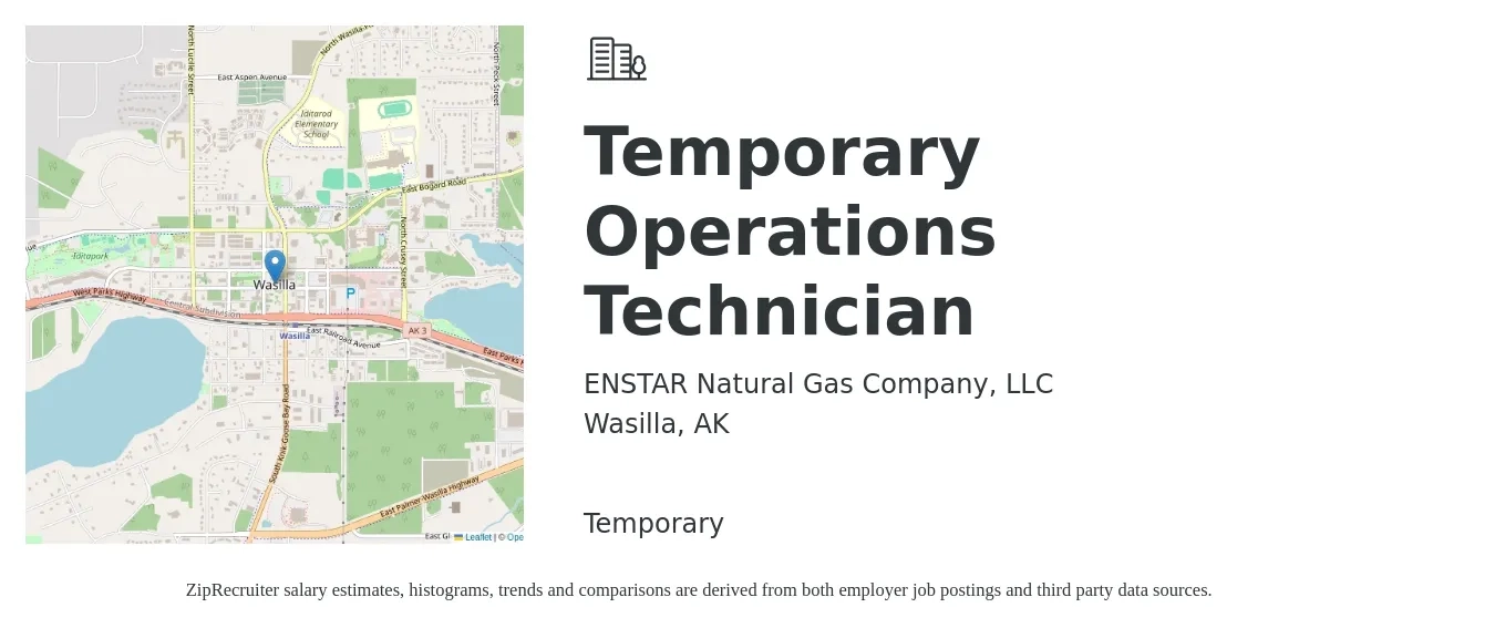 ENSTAR Natural Gas Company, LLC job posting for a Temporary Operations Technician in Wasilla, AK with a salary of $19 to $28 Hourly with a map of Wasilla location.