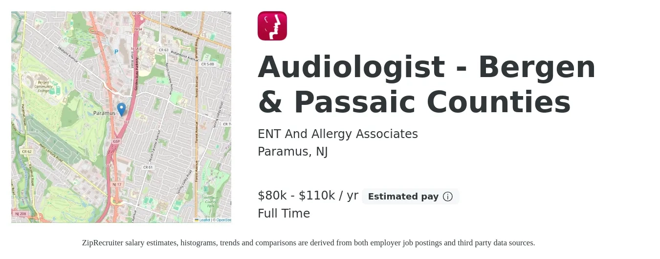 ENT And Allergy Associates job posting for a Audiologist - Bergen & Passaic Counties in Paramus, NJ with a salary of $80,000 to $110,000 Yearly with a map of Paramus location.