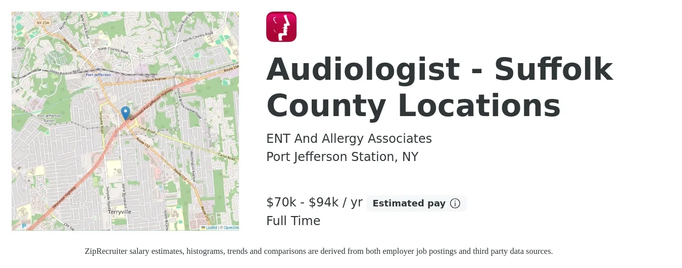 ENT And Allergy Associates job posting for a Audiologist - Suffolk County Locations in Port Jefferson Station, NY with a salary of $70,000 to $94,000 Yearly with a map of Port Jefferson Station location.