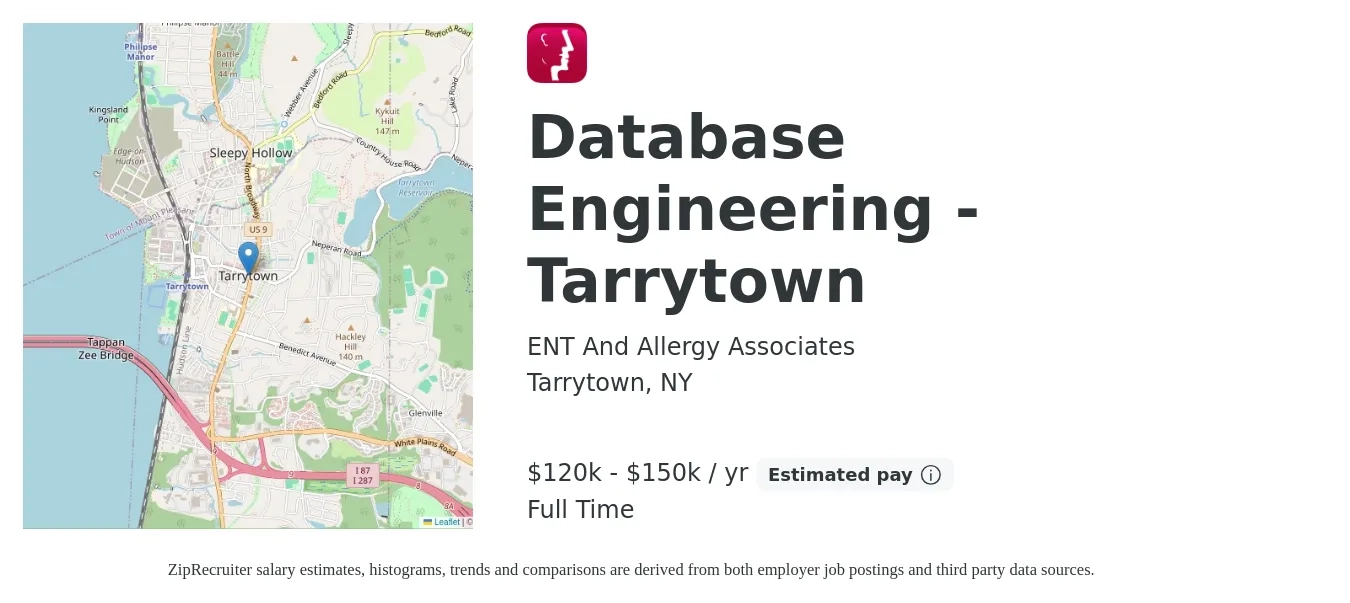 ENT And Allergy Associates job posting for a Database Engineering - Tarrytown in Tarrytown, NY with a salary of $120,000 to $150,000 Yearly with a map of Tarrytown location.