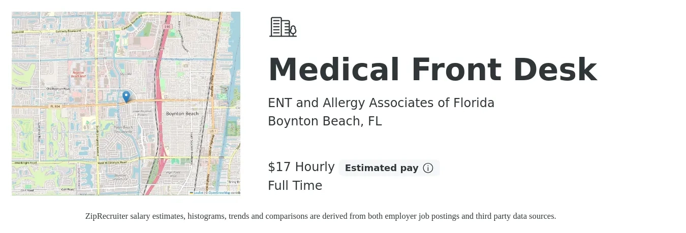ENT and Allergy Associates of Florida job posting for a Medical Front Desk in Boynton Beach, FL with a salary of $18 Hourly with a map of Boynton Beach location.