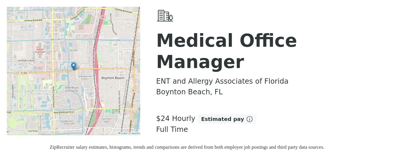 ENT and Allergy Associates of Florida job posting for a Medical Office Manager in Boynton Beach, FL with a salary of $25 Hourly with a map of Boynton Beach location.