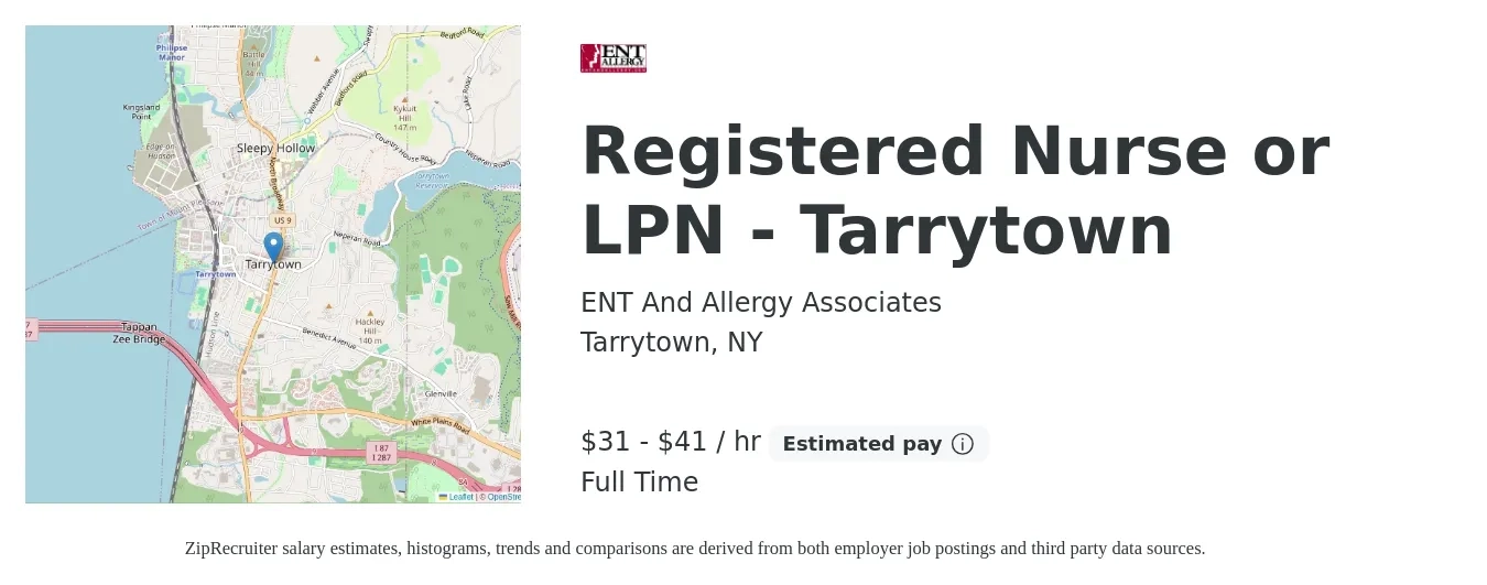 ENT And Allergy Associates job posting for a Registered Nurse or LPN - Tarrytown in Tarrytown, NY with a salary of $33 to $43 Hourly with a map of Tarrytown location.