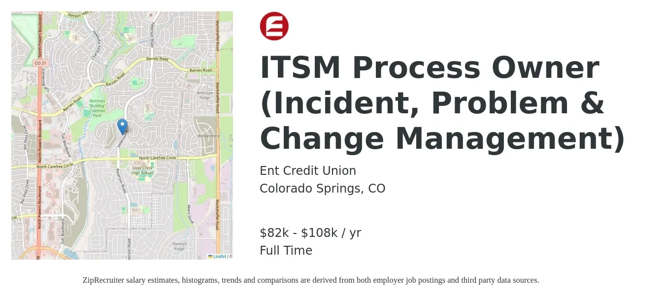 Ent Credit Union job posting for a ITSM Process Owner (Incident, Problem & Change Management) in Colorado Springs, CO with a salary of $82,909 to $108,806 Yearly with a map of Colorado Springs location.