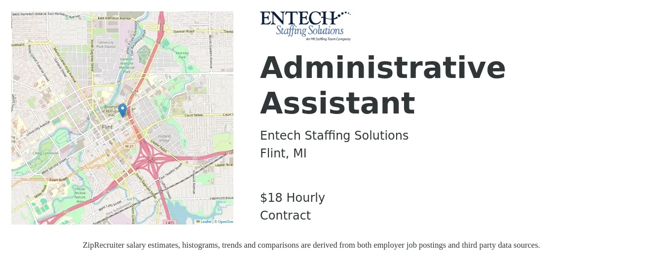 Entech Staffing Solutions job posting for a Administrative Assistant in Flint, MI with a salary of $18 to $20 Hourly with a map of Flint location.