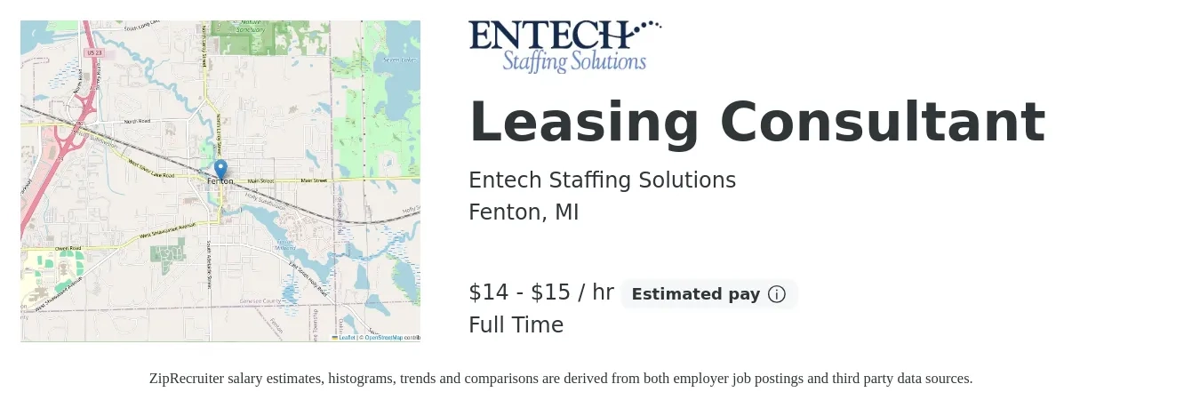 Entech Staffing Solutions job posting for a Leasing Consultant in Fenton, MI with a salary of $15 to $16 Hourly with a map of Fenton location.