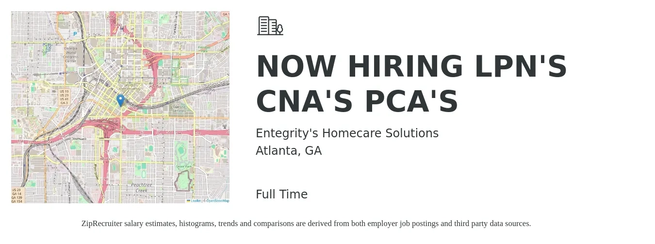 Entegrity's Homecare Solutions job posting for a NOW HIRING LPN'S CNA'S PCA'S in Atlanta, GA with a salary of $12 to $16 Hourly with a map of Atlanta location.