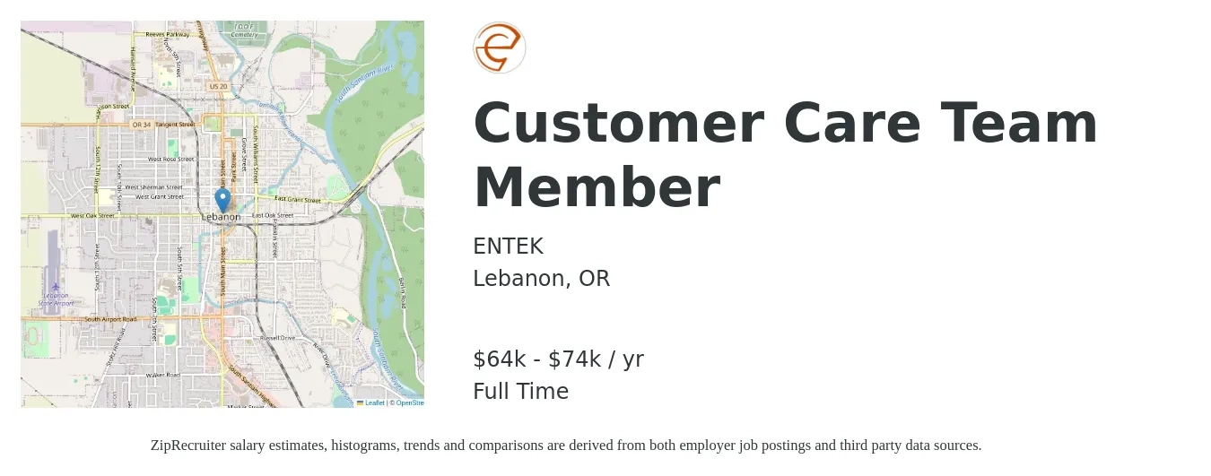ENTEK job posting for a Customer Care Team Member in Lebanon, OR with a salary of $64,000 to $74,000 Yearly with a map of Lebanon location.
