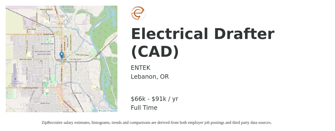 ENTEK job posting for a Electrical Drafter (CAD) in Lebanon, OR with a salary of $66,000 to $91,000 Yearly with a map of Lebanon location.