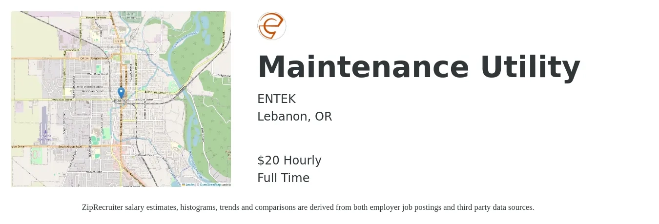 ENTEK job posting for a Maintenance Utility in Lebanon, OR with a salary of $21 Hourly with a map of Lebanon location.