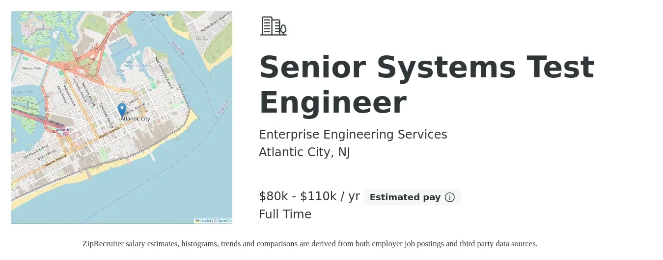 Enterprise Engineering Services job posting for a Senior Systems Test Engineer in Atlantic City, NJ with a salary of $80,000 to $110,000 Yearly with a map of Atlantic City location.