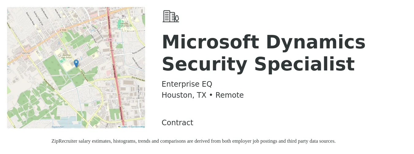 Enterprise EQ job posting for a Microsoft Dynamics Security Specialist in Houston, TX with a salary of $24 to $42 Hourly with a map of Houston location.
