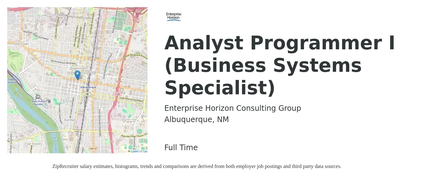 Enterprise Horizon Consulting Group job posting for a Analyst Programmer I (Business Systems Specialist) in Albuquerque, NM with a salary of $36 to $56 Hourly with a map of Albuquerque location.