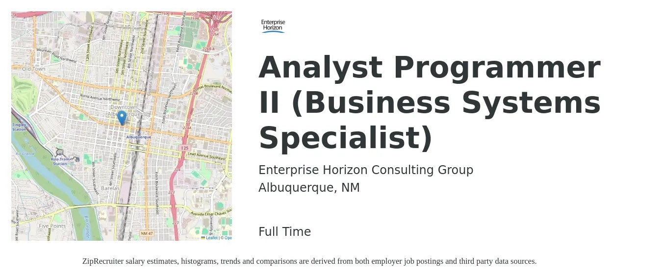 Enterprise Horizon Consulting Group job posting for a Analyst Programmer II (Business Systems Specialist) in Albuquerque, NM with a salary of $36 to $56 Hourly with a map of Albuquerque location.