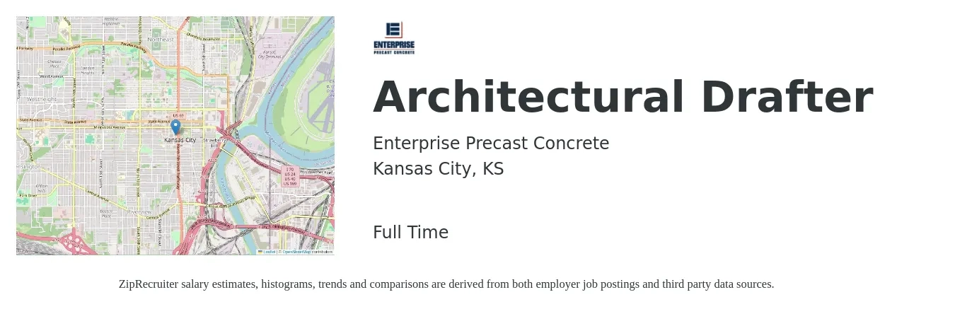 Enterprise Precast Concrete job posting for a Architectural Drafter in Kansas City, KS with a salary of $45,800 to $65,100 Yearly with a map of Kansas City location.