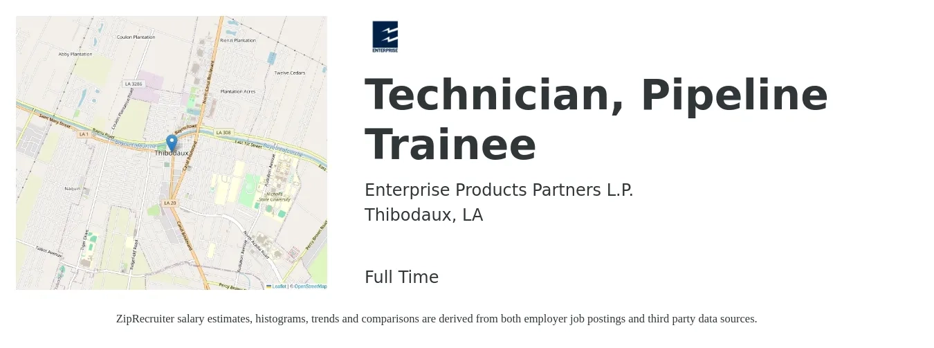 Enterprise Products Partners L.P. job posting for a Technician, Pipeline Trainee in Thibodaux, LA with a salary of $17 to $23 Hourly with a map of Thibodaux location.