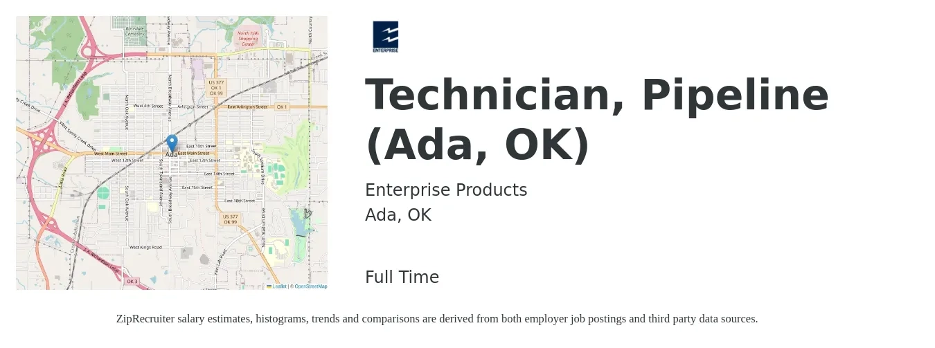 Enterprise Products Partners L.P. job posting for a Technician, Pipeline (Ada, OK) in Ada, OK with a salary of $17 to $24 Hourly with a map of Ada location.