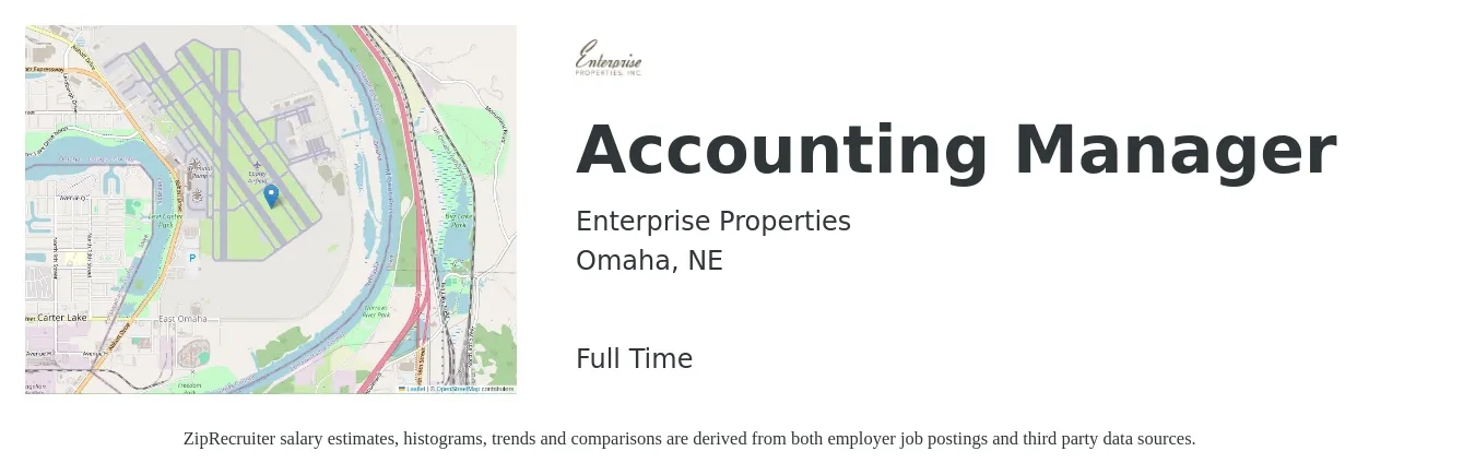 Enterprise Properties job posting for a Accounting Manager in Omaha, NE with a salary of $74,600 to $107,100 Yearly with a map of Omaha location.