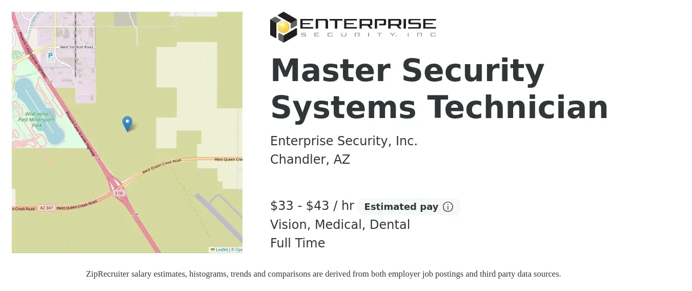 Enterprise Security, Inc. job posting for a Master Security Systems Technician in Chandler, AZ with a salary of $35 to $45 Hourly and benefits including retirement, vision, dental, life_insurance, and medical with a map of Chandler location.