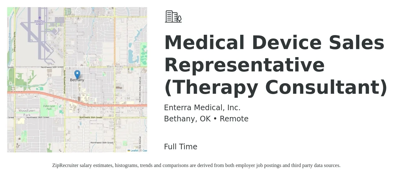 Enterra Medical, Inc. job posting for a Medical Device Sales Representative (Therapy Consultant) in Bethany, OK with a salary of $52,200 Yearly with a map of Bethany location.