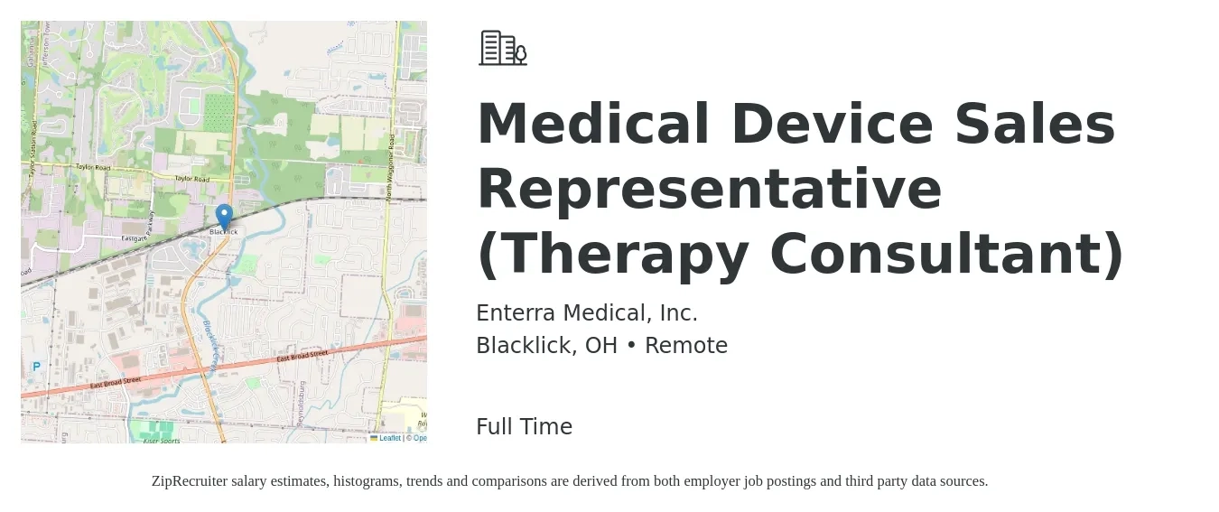 Enterra Medical, Inc. job posting for a Medical Device Sales Representative (Therapy Consultant) in Blacklick, OH with a salary of $53,200 Yearly with a map of Blacklick location.