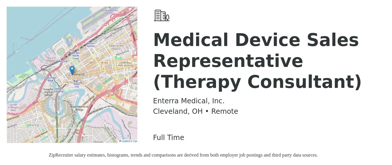 Enterra Medical, Inc. job posting for a Medical Device Sales Representative (Therapy Consultant) in Cleveland, OH with a salary of $53,300 Yearly with a map of Cleveland location.