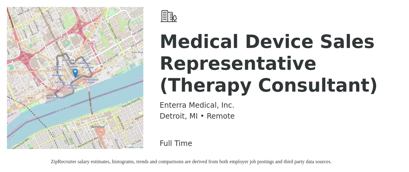 Enterra Medical, Inc. job posting for a Medical Device Sales Representative (Therapy Consultant) in Detroit, MI with a salary of $54,300 Yearly with a map of Detroit location.