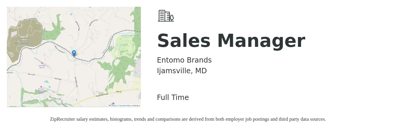 Entomo Brands job posting for a Sales Manager in Ijamsville, MD with a salary of $45,400 to $97,400 Yearly with a map of Ijamsville location.