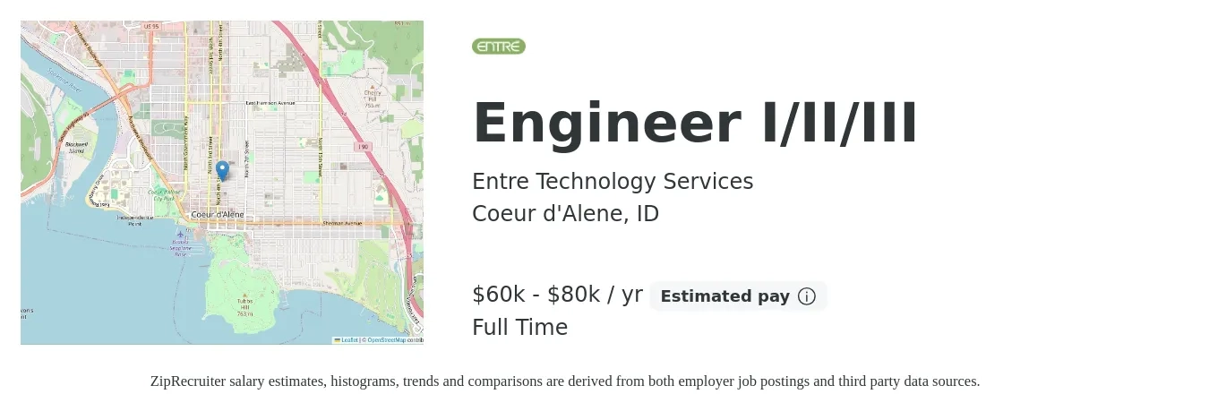 Entre Technology Services job posting for a Engineer I/II/III in Coeur d'Alene, ID with a salary of $83,600 to $134,000 Yearly with a map of Coeur d'Alene location.