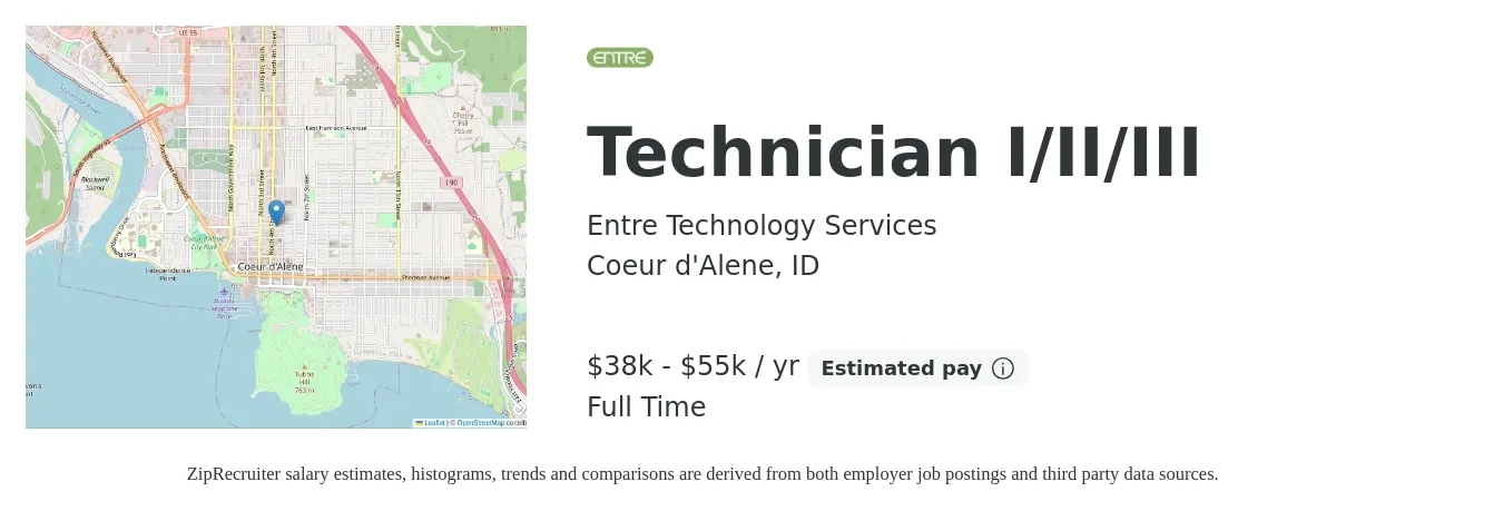 Entre Technology Services job posting for a Technician I/II/III in Coeur d'Alene, ID with a salary of $32,000 to $41,000 Yearly with a map of Coeur d'Alene location.